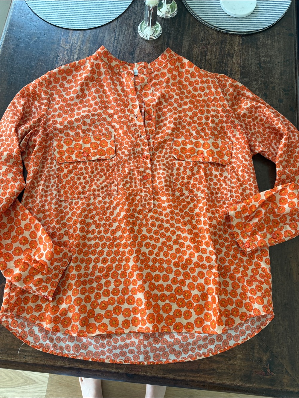 🍊Stella McCartney Gorgeous Silk Tangerine Floral Print Henley Blouse like new🍊